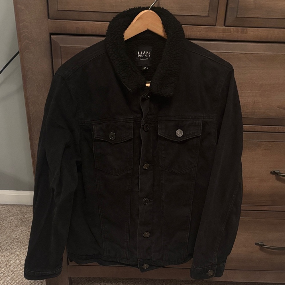 Man Boohoo Black Sherpa Collar Jacket sz med